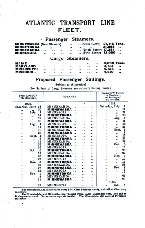 ATL Fleet List and Sailing Schedule, London-New York Services, From 28 June 1928 to 6 January 1929.
