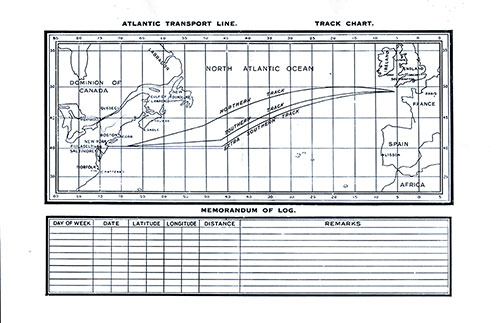 Atlantic Transport Line Track Chart of the North Atlantic Ocean Showing the Northern, Southern, and Extra Southern Tracks (Routes), and Memorandum of Log (Unused). SS Minnekahda Tourist Third Cabin Passenger List, 21 July 1928.