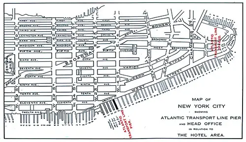 Map of New York City Showing Atlantic Transport Line Pier and Head Office in Relation to The Hotel Area. SS Minnekahda Tourist Third Cabin Passenger List, 22 February 1930.