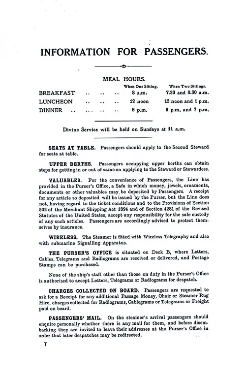 Information for Passengers, Part 1. SS Minnekahda Tourist Third Cabin Passenger List, 22 February 1930.