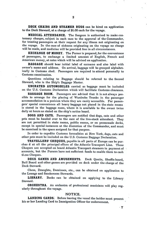 Information for Passengers, Part 2. SS Minnekahda Tourist Third Cabin Passenger List, 22 February 1930.