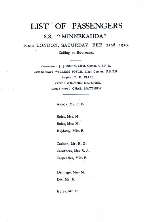 Title Page, Listing of Senior Officers, List of Passengers, Part 1 (F. E. Alcock-R. Eyres). SS Minnekahda Tourist Third Cabin Passenger List, 22 February 1930.