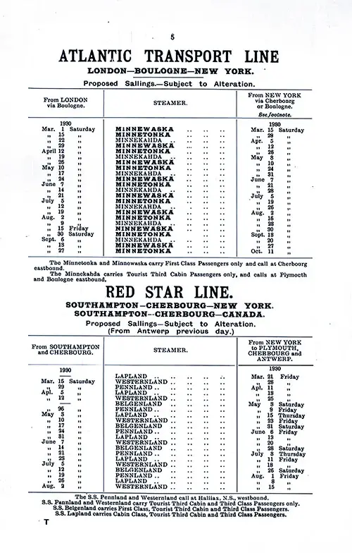 ATL and RSL Sailing Schedules, London-Boulogne-New York and Southampton-Cherbourg-New York or Southampton-Cherbourg-Canada, From 1 March 1930 to 11 October 1930.