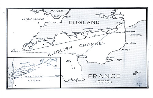 Map of England, France, English and Bristol Channels with Insert of Long Island, New York. SS Minnekahda Tourist Third Cabin Passenger List, 22 February 1930.