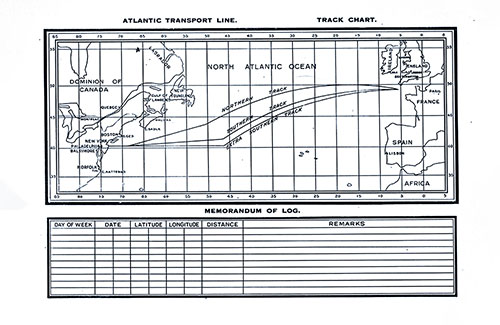 Atlantic Transport Line Track Chart of the North Atlantic Ocean Showing the Northern, Southern, an Extra Southern Track (Routes), and Memorandum of Log (Unused). SS Minnekahda Tourist Third Cabin Passenger List, 22 February 1930.