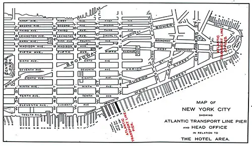Map of New York City Showing Atlantic Transport Line Pier and Head Office In Relation To The Hotel Area. SS Minnekahda Tourist Third Cabin Passenger List, 12 July 1930.
