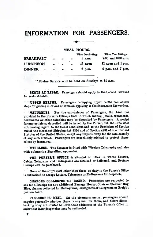 Information for Passengers, Part 1. SS Minnekahda Tourist Third Cabin Passenger List, 12 July 1930.