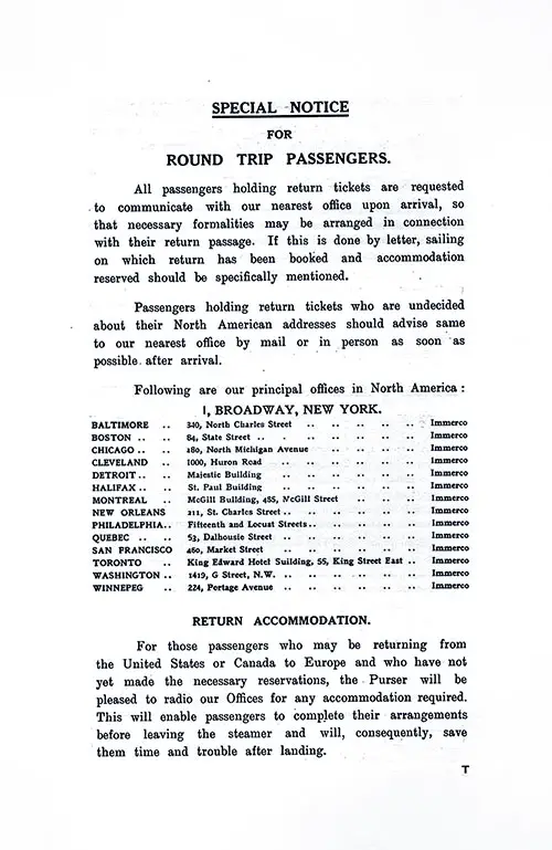 Special Notice for Round Trip Passengers Including Return Accommodation. SS Minnekahda Tourist Third Cabin Passenger List, 12 July 1930.