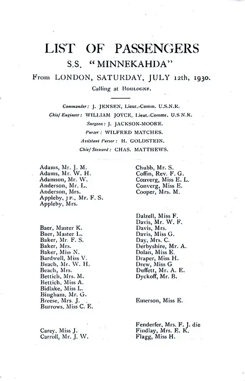 Title Page, Listing of Senior Officers, List of Passengers, Part 1 (J. M. Adams-H. Flagg). SS Minnekahda Tourist Third Cabin Passenger List, 12 July 1930.