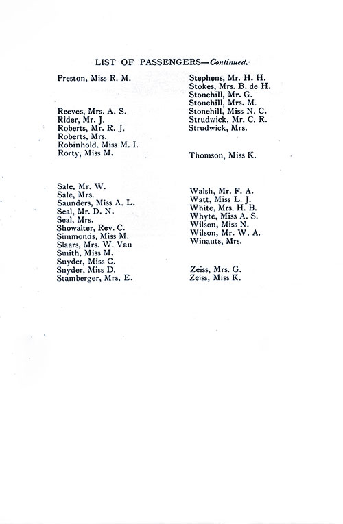 List of Passengers, Part 3 (R. M. Preston-K. Zeiss). SS Minnekahda Tourist Third Cabin Passenger List, 12 July 1930.