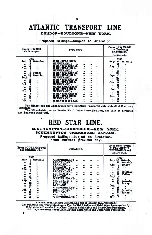 ATL and RSL Sailing Schedules, London-Boulogne-New York and Southampton-Cherbourg-New York or Canada, From 5 July 1930 to 20 December 1930.