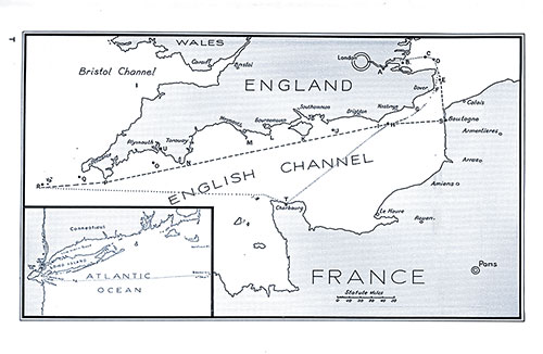 Map of the English Channel with Inset of Long Island, New York Map. SS Minnekahda Tourist Third Cabin Passenger List, 12 July 1930.