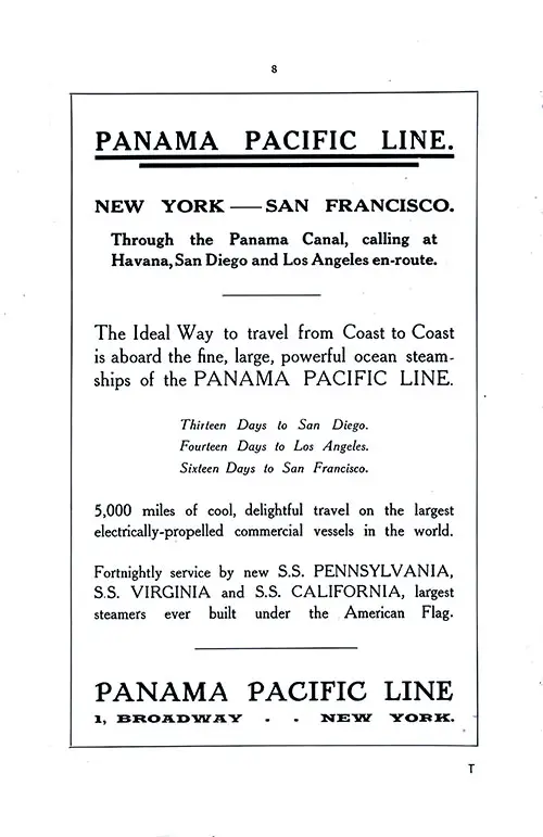 Advertisement: Panama Pacific Line (New York-San Francisco Through the Panama Canal, Calling at Havana, San Diego, and Los Angeles en Route. SS Minnekahda Tourist Third Cabin Passenger List, 12 July 1930.
