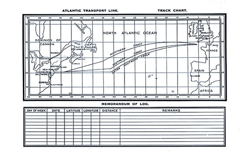 Atlantic Transport Line Track Chart of the North Atlantic Ocean Showing the Northern, Southern, and Extra Southern Tracks (Routes) and Memorandum of Log (Unused). SS Minnekahda Tourist Third Cabin Passenger List, 12 July 1930.