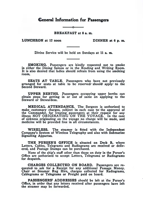 General Information for Passengers, Part 1. SS Minnesota Tourist Third Cabin Passenger List, 11 June 1927.