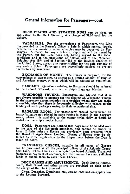 General Information for Passengers, Part 2. SS Minnesota Tourist Third Cabin Passenger List, 11 June 1927.