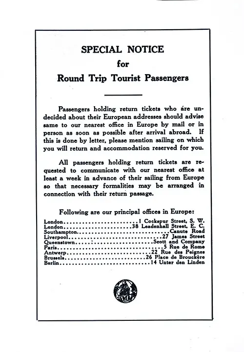 Special Notice for ROutd Trip Tourist Passengers. SS Minnesota Tourist Third Cabin Passenger List, 11 June 1927.