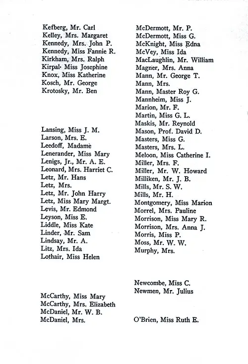 List of Passengers, Part 4 (Carl Kefberg-Ruth E. O'Brien). SS Minnesota Tourist Third Cabin Passenger List, 11 June 1927.
