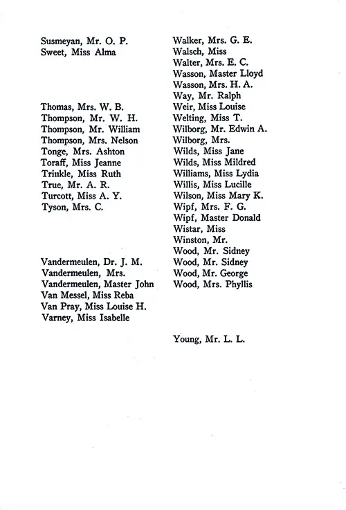List of Passengers, Part 6 (O. P. Susmeyan-L. L. Young). SS Minnesota Tourist Third Cabin Passenger List, 11 June 1927.
