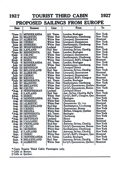 TTC Sailing Schedule from European Ports to North America, from 11 June 1927 to 9 September 1927.