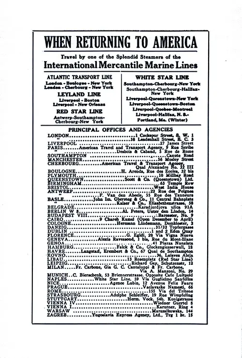 Splendid Steamers of the IMM, Atlantic Transport Line, Leyland Line, Red Star Line, and White Star Line with Routes and Principal Offices and Agencies. SS Minnesota Tourist Third Cabin Passenger List, 11 June 1927.