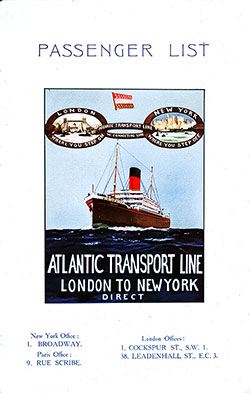 Front Cover, Passenger Manifest, SS Minnesota, Atlantic Transport Line, August 1927