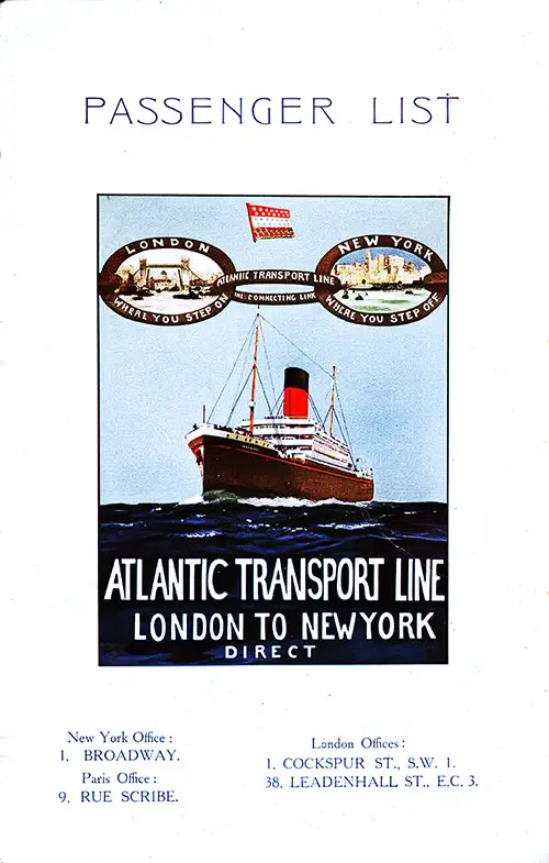 Front Cover, SS Minnesota Tourist Third Cabin Passenger list, Departing 20 August 1927 from London to New York via Boulogne-sur-Mer.