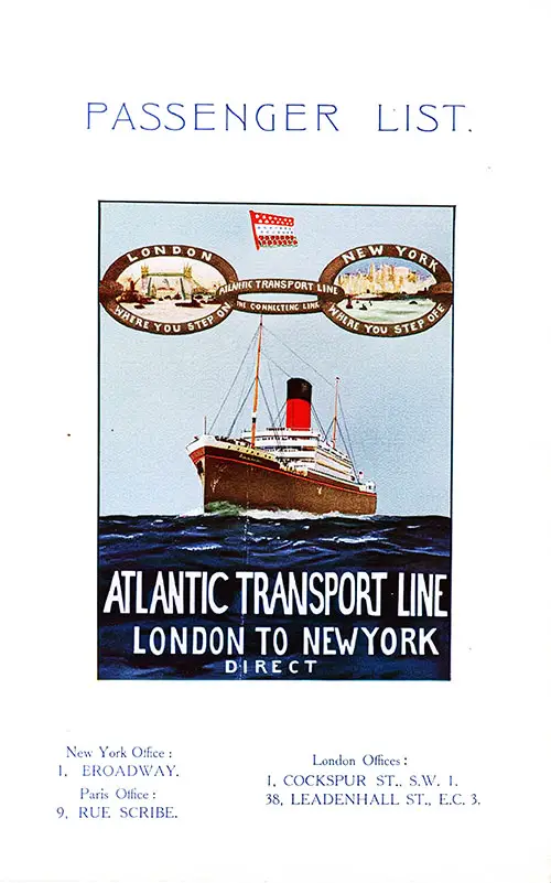 Front Cover, SS Minnesota Tourist Third Cabin Passenger List, Departing 15 October 1927 from London to New York via Boulogne-sur-Mer.