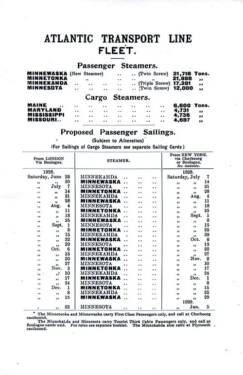 ATL Fleet List and Sailing Schedule, London-New York Service, from 28 June 1928 to 5 January 1929.