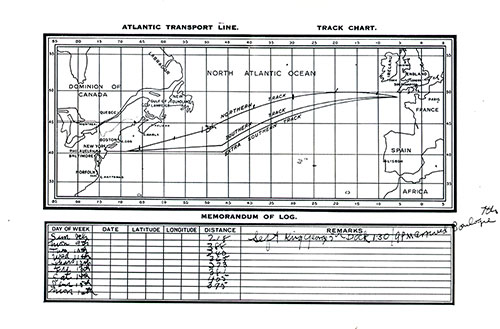 Atlantic Transport Line Track Chart of the North Atlantic Ocean Showing the Northern, Southern, and Extra Southern Tracks (Routes) and Memorandum of Log.