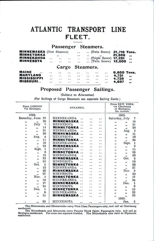 ATL Fleet List and Sailing Schedule, London-New York Service, from 28 June to 5 January 1929.