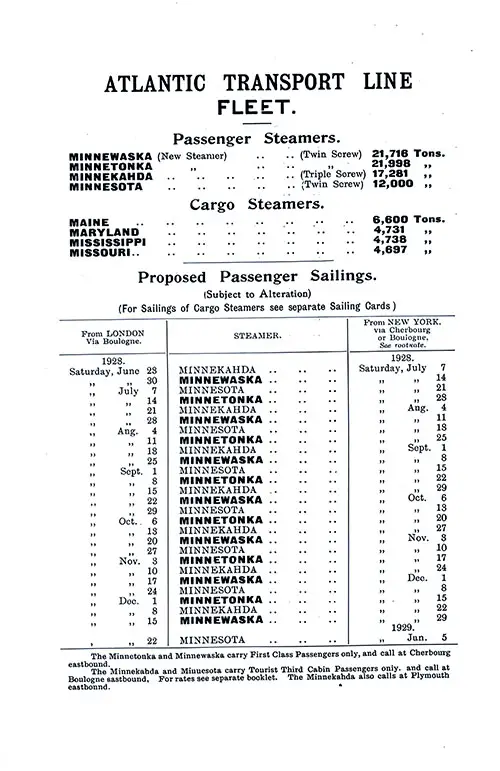 ATL Fleet List and Sailing Schedule, London-New York Services, from 23 June 1928 to 5 January 1929.