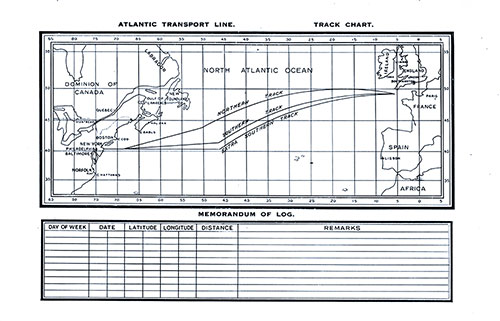 Atlantic Transport Line Track Chart of the North Atlantic Ocean Showing the Northern, Southern, and Extra Southern Tracks (Routes) and Memorandum of Log (Unused). SS Minnesota Tourist Third Cabin Passenger List, 1 September 1928.