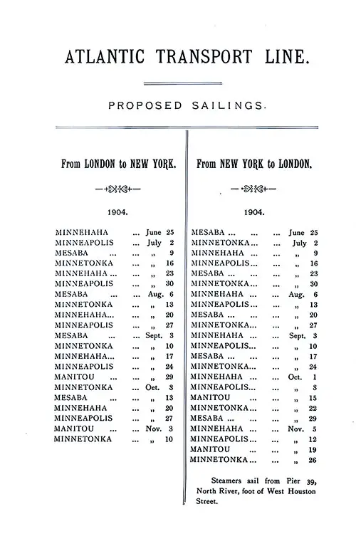 ATL Sailing Schedule, London-New York Service, from 25 June 1904 to 26 November 1904.