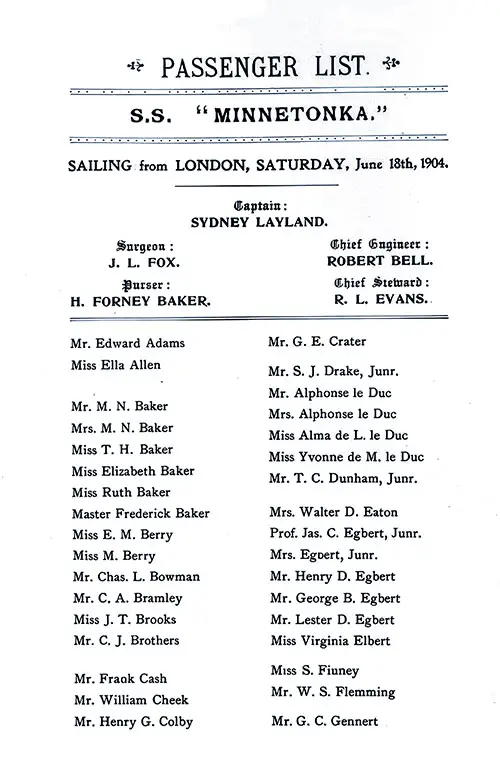 Title Page, Listing of Senior Officers, List of Passengers, Part 1 (Edward Adams-G. C. Gennert). SS Minnetonka First Class Passenger List, 18 June 1904.
