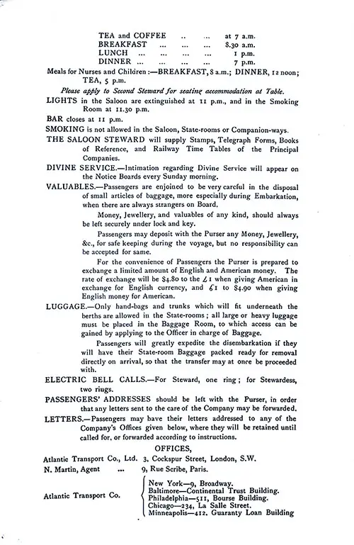 Information for Passengers and Atlantic Transport Company Offices. SS Minnetonka First Class Passenger List, 18 June 1904.