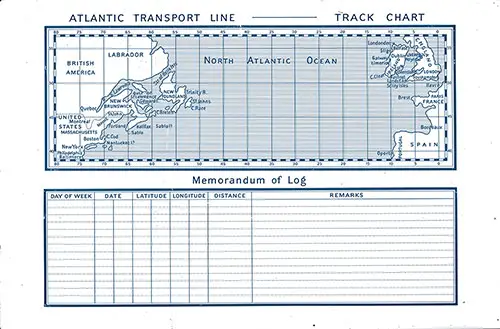 Back Cover: Atlantic Transport Line Track Chart of the North Atlantic Ocean with Memorandum of Log (Unused). SS Minnetonka First Class Passenger List, 18 June 1904.