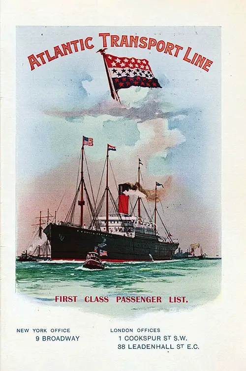 Front Cover, SS Minnetonka First Class Passenger List, Departing 25 July 1908 from London to New York.