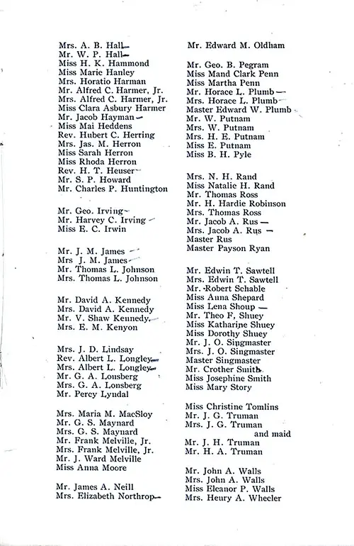List of Passengers, Part 2 (Mr. A. B. Hall-Mrs. Heury A. Wheeler). SS Minnetonka First Class Passenger List, 25 July 1908.