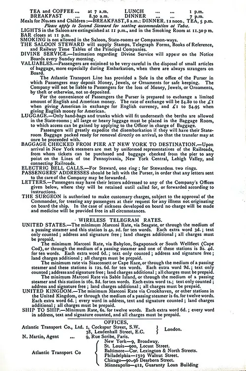Information for Passengers, Wireless Telegram Rates, and Atlantic Transport Company Offices. SS Minnetonka First Class Passenger List, 25 July 1908.