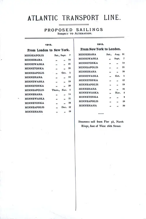 ATL Sailing Schedule, London-New York Service, From 31 August 1912 to 19 December 1912.