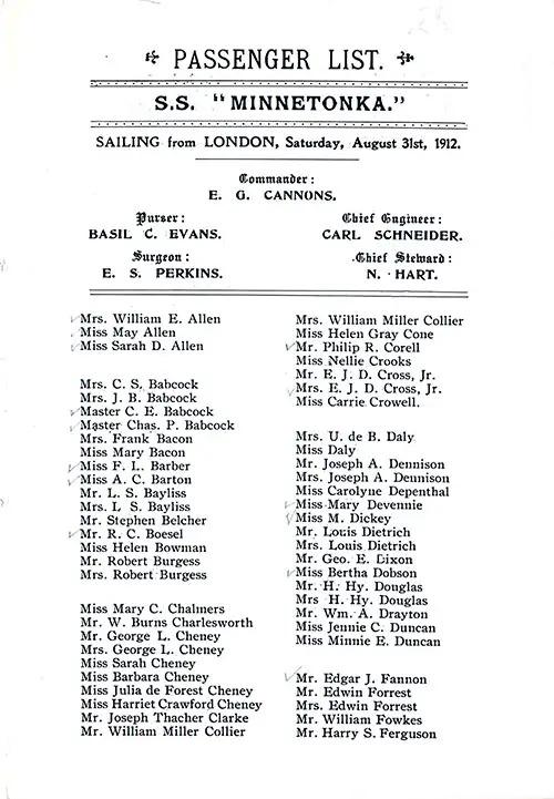 Title Page, Listing of Senior Officers, List of Passengers, Part 1 (Mrs. William E. Allen-Mr. Harry S. Ferguson). SS minnetonka First Class Passenger List, 31 August 1912.