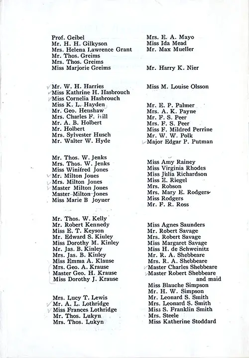 List of Passengers, Part 2 (Prof. Geibel-Miss Katherine Stoddard). SS minnetonka First Class Passenger List, 31 August 1912.