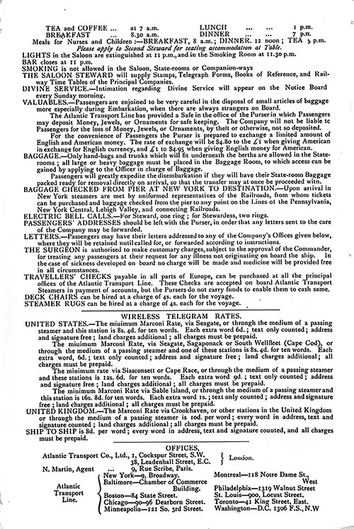 Information for Passengers, Wireless Telegram Rates, and a Listing of Atlantic Transport Company Offices. SS minnetonka First Class Passenger List, 31 August 1912.