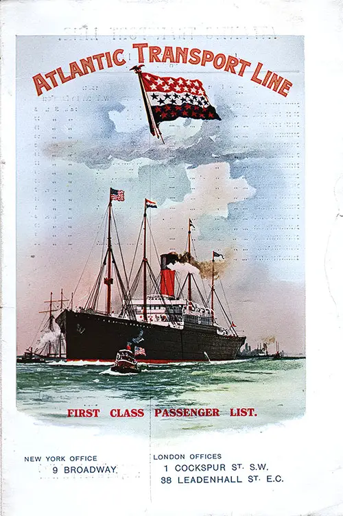 Front Cover, SS Minnetonka First Class Passenger List, Departing 29 August 1914 from London to New York.