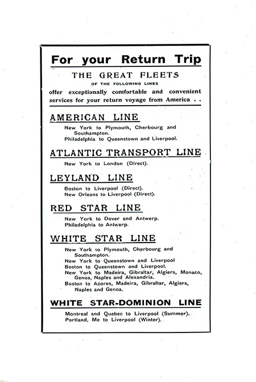 Affiliated Steamship Lines (American Line, ATL, Leyland Line, Red Star Line, White Star Line, and White Star-Dominion Line). SS Minnetonka First Class Passenger List, 29 August 1914.