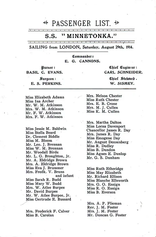 Title Page, Listing of Senior Officers, List of Passengers, Part 1 (Miss Elizabeth Adams-Mr. Duncan G. Foster). SS Minnetonka First Class Passenger List, 29 August 1914.
