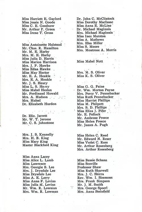 List of Passengers, Part 2 (Miss Harriett E. Gaylord-Mrs. Anna Steinfield). SS Minnetonka First Class Passenger List, 29 August 1914.
