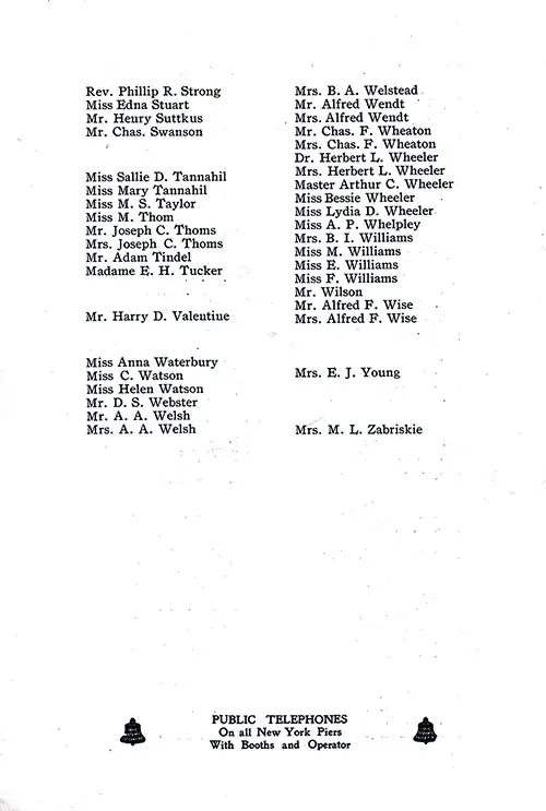 List of Passengers, Part 3 (Rev. Phillip R. Strong-Mrs. M. L. Zabriskie). SS Minnetonka First Class Passenger List, 29 August 1914.