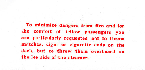 Insert: Fire Dangers (loose). SS Minnetonka First Class Passenger List, 29 August 1914.